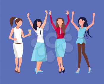 Four dancing casually dressed girls, one of them has glass of champagne. Vector illustration with women on party isolated on blue background