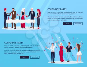 Web page of corporate party depicting people drinking wine and raising their hands with confetti above them, text and buttons vector illustration
