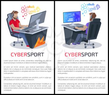 Cybersport posters with text of gamers playing in videogames online on computers, planning the future steps in gaming vector illustrations