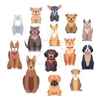 Cartoon dog breeds isolated on white background. Small and big dogs vector illustration. Adorable, funny and loyal humans friends. Hunting, protection and decorative species from all over world.
