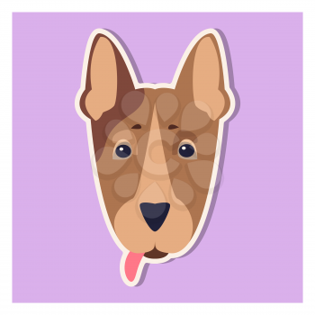 Doggie face of Bull terrier close-up cartoon image on purple background. Canine head is long, strong, low-set with pink hanging tongue. Vector illustration of pedigreed dogs graphic design art icon.