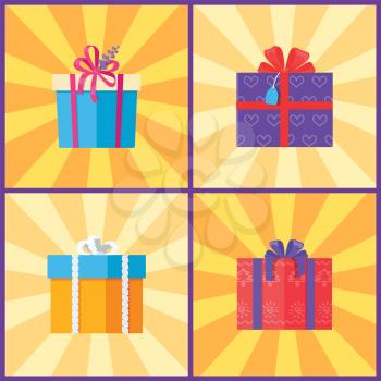 Set of gift boxes in decorative wrapping with color ribbons and bows isolated on background with rays. Present packages surprises vector illustrations