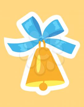 Golden bell with blue ribbon and white framing vector illustration isolated on yellow background. Decorative symbol of first lesson and Christmas toy