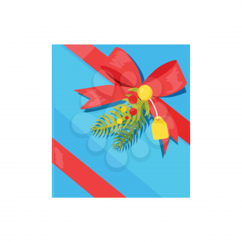 Gift box with decorative red ribbons and bows with pine branches, color beads and tag top view icon vector illustration isolated on white background