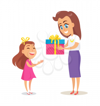 Mom greets daughter with winter holidays vector postcard isolated on white background. Mother and child congratulation poster, happy family concept