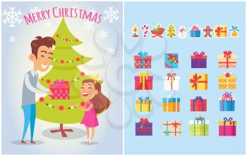 Merry Christmas postcards set with gift boxes, New year symbols, wrapped gifts, icons of spruce cones, father and daughter vector daddy and little girl