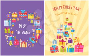 Merry Christmas Happy New Year posters present boxes and Xmas symbols as tree, candy stick, golden bell, gingerbread boy, burning candle, snowflakes