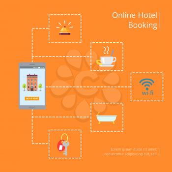 Online hotel booking vector illustration in graphic design. Poster of signs presenting services provided in hotels and space for text
