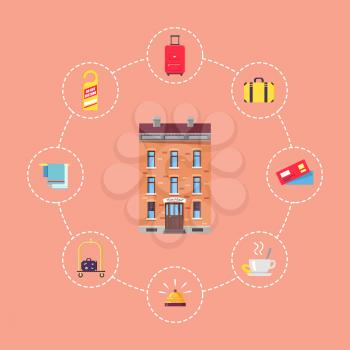 Collection of icons surrounding hotel. Isolated vector illustration of suitcases, registration card, hot drink, bell button, luggage cart, clean towels, door hanger