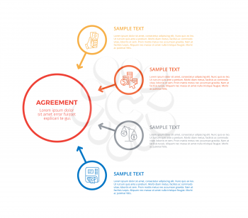 Agreement infographic poster representing connection of icons of atm, hand holding money, scales and title with sample text on vector illustration