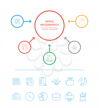 Office infographics with text sample placed below title in circle, icons connected to it with lines and arrows on vector illustration