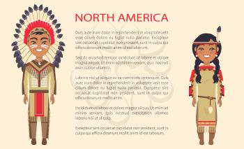 North america traditional costumes in which man and woman are dressed, vector international day poster ethnic people with text, native indians