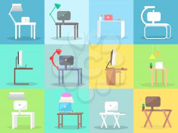 Modern workplaces with table and computer set. Classic and futuristic desks and tables with monitors and lamps on it flat vectors. Collection of comfortable wooden and plastic furniture illustrations