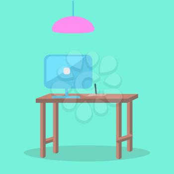 In office at computer workplace design. Wooden table with screen monitor on it and writting atributes. Pink lamp above desk. Vector illustration of futuristic workspace, comfortable and stylish design