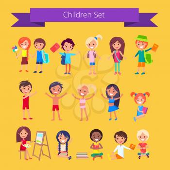 Children set isolated vector illustration on light orange background with inscription. Kids engaging in different school activities