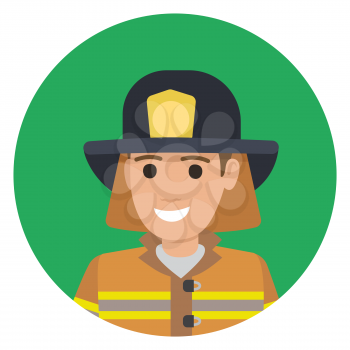 Cheerful firefighter in protective suit and black hat closeup vector illustration avatar userpic. Male character in fireman uniform