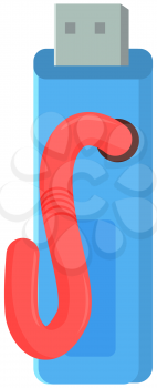 Computer worm crawls into storage device, file destruction, hacking, virus detection isolated flat vector illustration. Worm cyber attack symbol with USB flash drive and red worm, isolated on white