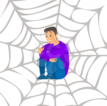 Fear of spider. Man frightened by spinner guy suffering from arachnophobia, human fear concept. Male character sitting on spider web on white background hugged his knees. afraid of insects and beetles