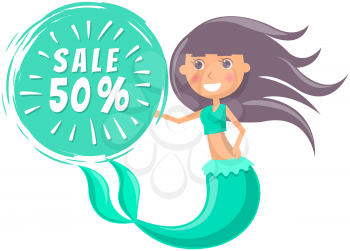 Summer sale with mermaid at sea. Advertising banner with underwater life of sea creature. Nixie on background of ocean with waves and sand with starfish. Seasonal closeout poster, discounts, hot price