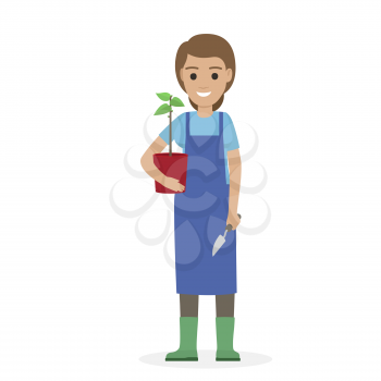 Happy gardener in blue apron and verdant gumboots holds green plant in red pot in one hand and garden shovel in other vector illustration.
