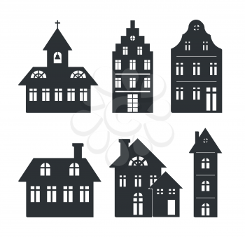 Set of silhouettes of building isolated on white background. Vector illustration with set of six different black two or more floor buildings with wide windows