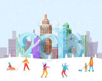 New Year 2018 coming to city poster with people in snowy wintertime park. Vector illustration with cityscape with 2018 digits hiding between buildings