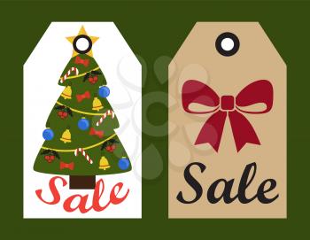 Sale New Year, collection of banners with tree decorated with bells and mistletoe, garlands and candy and big red bow isolated on vector illustration