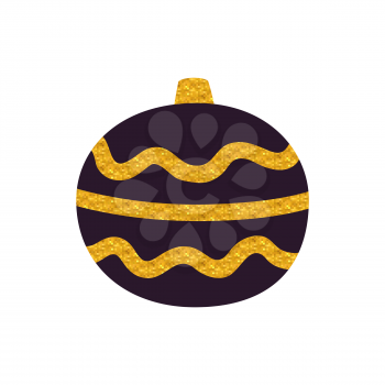 Dark Christmas tree decoration isolated on white background. Vector illustration with black glass ball decorated with yellow curve patterned lines