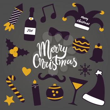 Merry Christmas party stuff seamless pattern on gray background. Vector illustrations with New Year decorations and masquerade costume elements