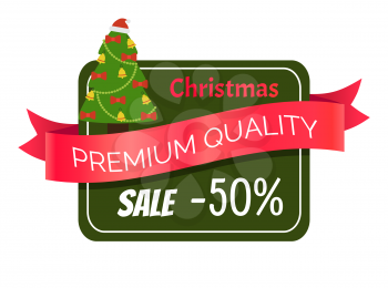 Christmas premium quality sale 50 off gift card design with decorated New Year tree topped by Santa's hat vector illustration isolated on white
