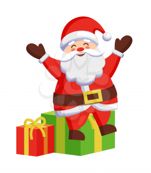 Santa Claus sitting on colorful gift boxes icon isolated on white background. Vector illustration with happy Father Frost and presents decorated by bows