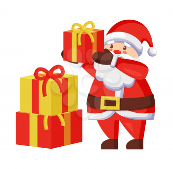 Santa Claus and presents icon isolated on white background. Vector illustration with fairy tale winter character and colorful gift boxes decorated with bows