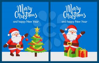 Merry Christmas and happy New Year Santa and tree posters. Vector illustration Saint Nicholas and beautiful gift boxes decorating shiny colorful spruce