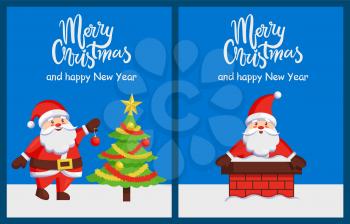 Merry Christmas and Happy New Year posters with Santa Claus decorating holiday tree, sitting in chimney vector illustration smiling Xmas symbol vector
