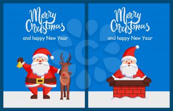 Merry Christmas and Happy New Year posters with Santa Claus with friendly horned deer, sitting in chimney vector n smiling Xmas symbol postcard design