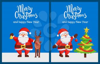 Merry Xmas and Happy New Year poster with Santa Claus decorating tree by color ball. Christmas Father and friendly reindeer greeting cards design