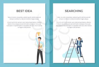 Searching for best idea set of posters. Vector illustration of man with winning cup and large light bulb and adult male on ladder with binoculars
