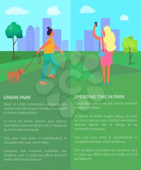 Spending time in urban park poster with woman walking dog in city park and female doing selfie. Vector illustration of summertime park with green trees