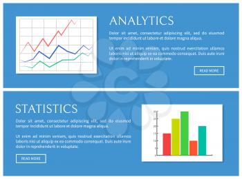 Analytics and statistics card, vector illustration isolated on blue backdrop, text sample, push button, statistic data, colorful diagram and schedule