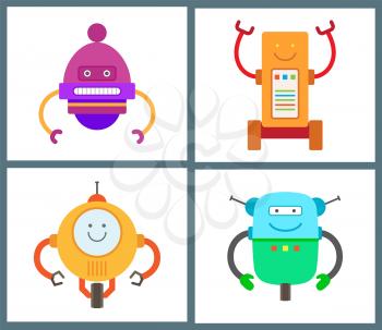 Robots collection of different types, robots and creatures with mind, modern scientific elements vector illustration isolated on white background