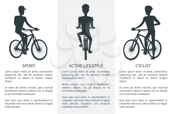 Sport active lifestyle and cyclist bright banner vector illustration with three black silhouettes of sportsmen s on bikes, text sample, helmet and cap