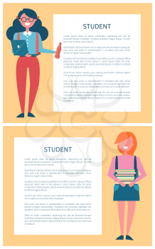 Studentsin uniform poster set place for text in frame, female pupils holding piles of books and girl with laptop and bottle of refreshing drink vector