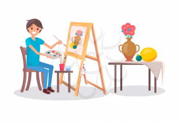 Cheerful painter at work, vector illustration with young painter, holding a palette with varied colors and paintbrush, exposition from fruits and pot