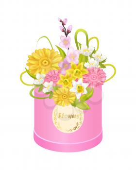 Delicious flowers daffodils, cherry or sakura branches, tender anemones, yellow and pink zinnias in round box vector illustration luxury bouquet