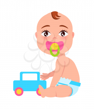 Baby wearing diaper and sitting with soother in its mouth, holding car and looking straight with eyes vector illustration isolated on white background