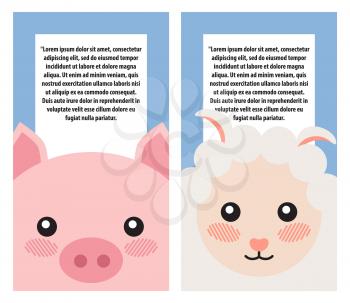 Sheep and pig heads on book covers, posters design place for text vector illustration set of cute animals on blue. Sheep pig mammal on brochure for kids