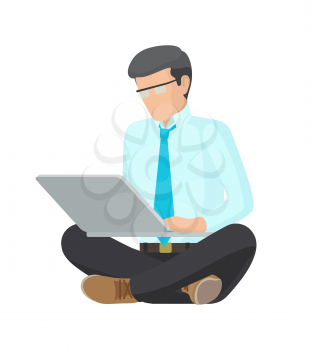 Sitting man with grey laptop, colorful poster, vector illustration with working businessman, cute business suit, blue tie and shirt, black trousers