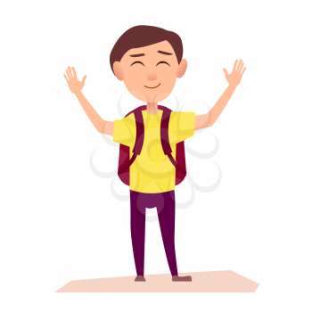 Boy in yellow T-shirt with maroon rucksack raise hands up with happy face isolated vector illustration on white background.