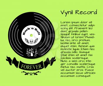 Vinyl record and rock and roll forever poster. Vector illustration of forever sign with vinyls disc with skull and wings above on light green background