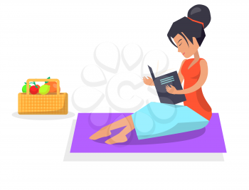 Woman sits on purple blanket, reads book and basket with fresh fruits stands beside isolated vector illustration on white background.